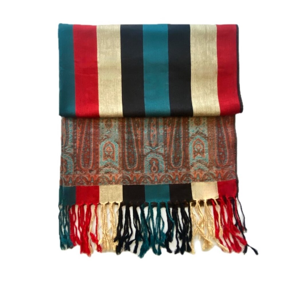 Pashmina Scarf Bold Stripes & Pattern Turquoise Red Navy Tan Gold Fringe EUC